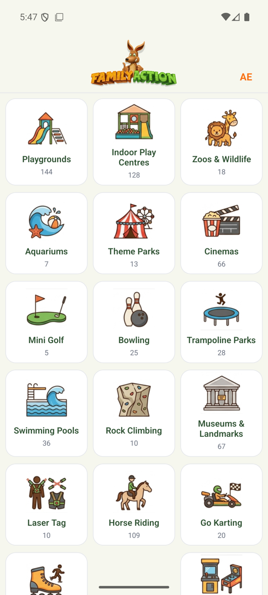 Family Action app β the category grid of things to do