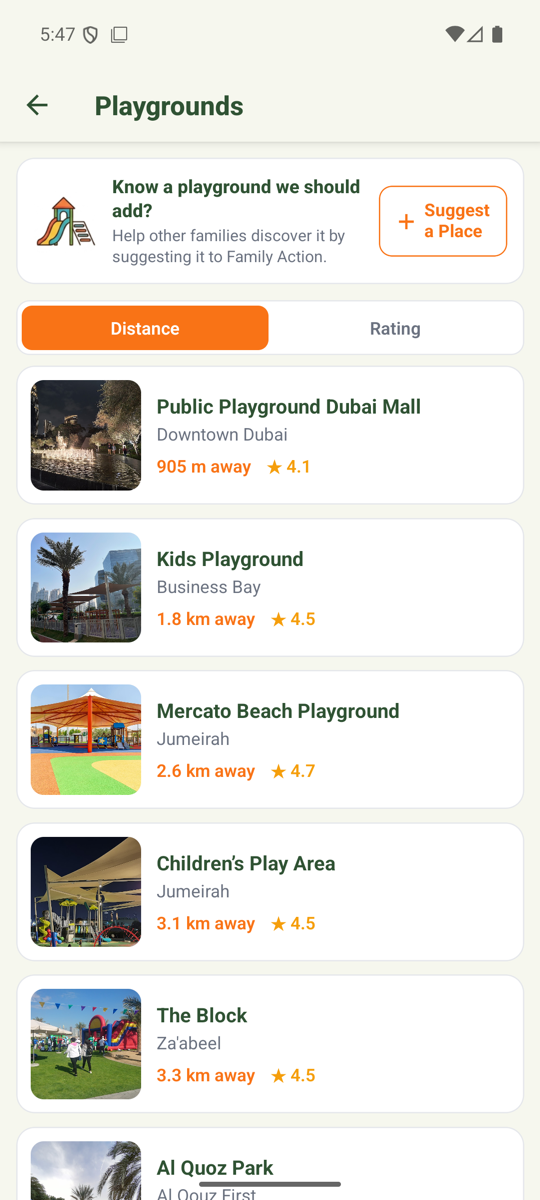 Family Action app — venues near you, sorted by distance